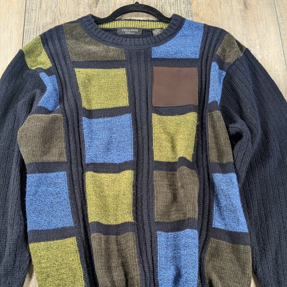Vintage 90s Cellinni Coogi Style 3D Knit Sweater Mens Large Wool Blend Patchwork